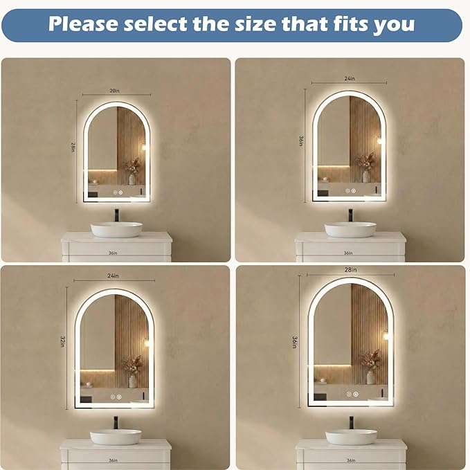 Sweetcrispy 24“x 36” LED Bathroom Backlit Mirror with Lights, Arched Vanity Mirrors with Anti-Fog, Dimmable, 3-Color Light, Memory Function, Tempered Glass