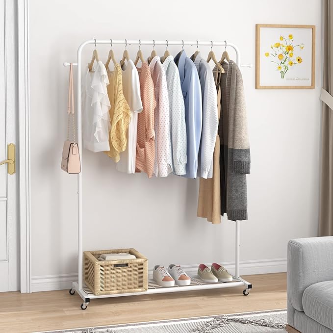 Sywhitta Clothing Rack on Wheels with Mesh Storage Shelf & Sturdy Metal Frame, Rolling Garment Rack for Hanging Clothes, Coats, Skirts, 39.76" L x 16" W x 64.56" H,White