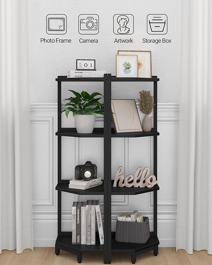 Hzuaneri Corner Shelf Stand, Corner Bookshelf, Storage Standing Shelf Unit with Metal Frame, Plant Stand, Bookcase for Living Room, Home Office, Bedroom, 4-Tier Black CS05806B
