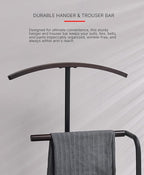 Proman Products Scandia Valet Stand, Clothes Rack, Clothing Organizer with Tray, Hanger and Trousers Bar, Wood, Metal, Black