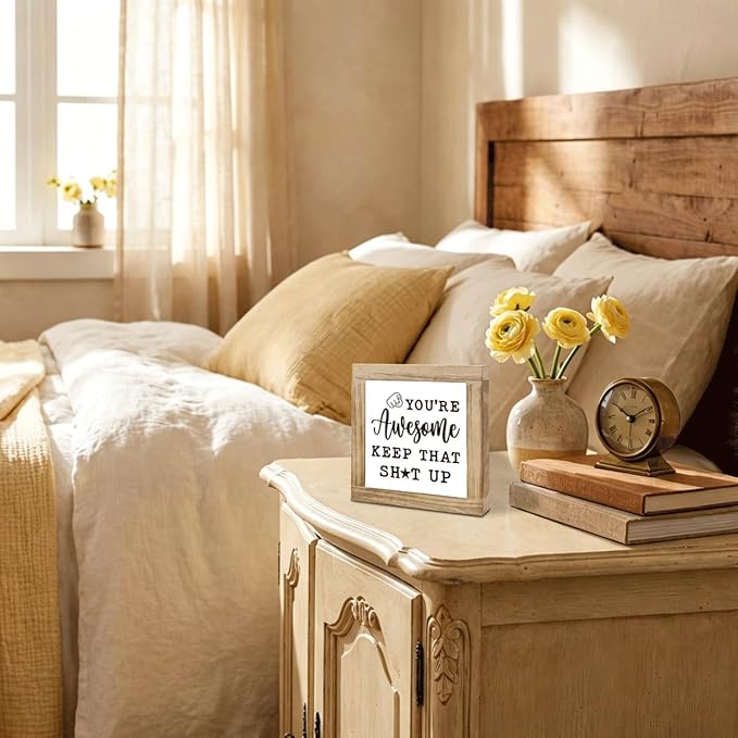 Inspirational Sign, Wood Box Desktop Deocr, You'Re Awesome Keep That Shit Up, Inspirational Motivational Gift For Men Women, Wood Box Desktop Decoration, Funny Farmhouse Home Office Decor