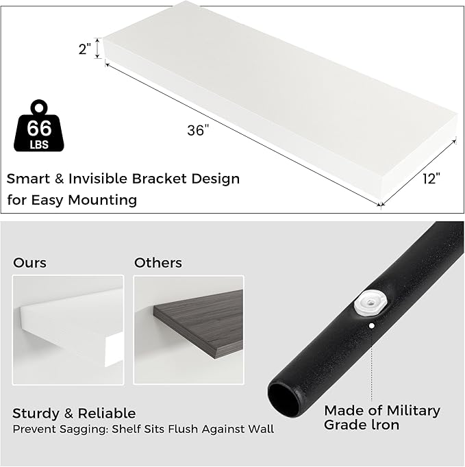 Venusmiles Floating Shelves for Wall, 36" W x 12" D x 2" H, 2 Pack of Long Wall Mounted Engineered Wood Shelves with Invisible Brackets for Living Room, Bedroom, Bathroom, Kitchen Decor, White