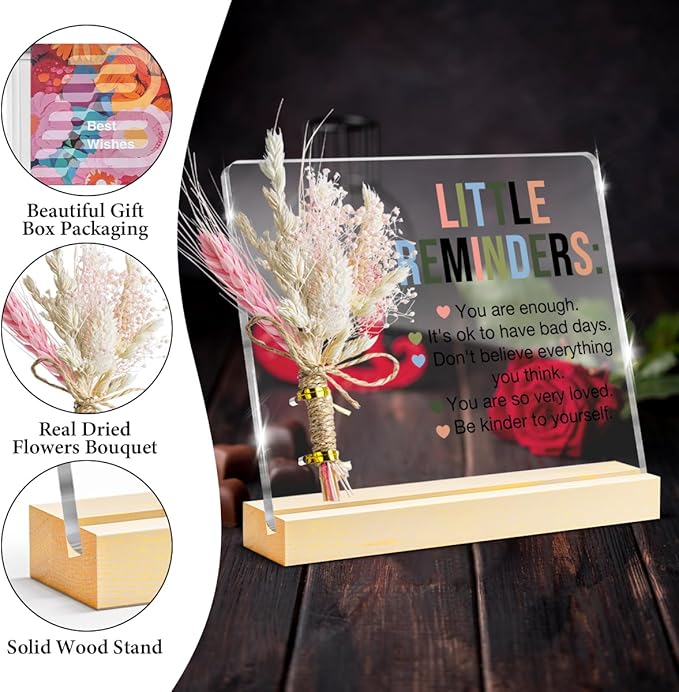 Inspirational Motivational Gifts Little Reminders You are Enough Clear Desk Decorative Sign, Bouquet Acrylic Sign With Wooden Stand for Office Desk Table Shelf