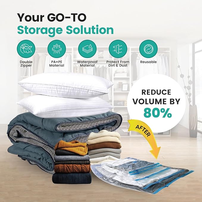 20 Pack Vacuum Storage Bags, Plastic Space Saver Seal Bags (4 Jumbo/4 Large/4 Medium/4 Small/4 Roll) Compression for Clothes, Mattress, Blankets and Bedding Storage, Hand Pump Included