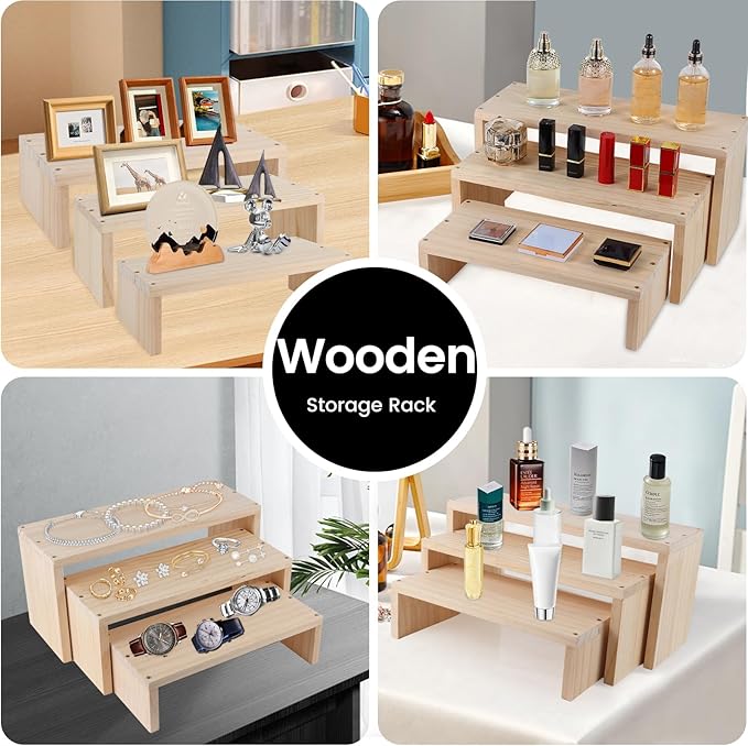 3-Tier risers display stands, Wooden Retail Display Rack for retail Rustic Tabletop Display rack for cupcakes, collectibles,jewelry, perfum, Funko Pop Figures