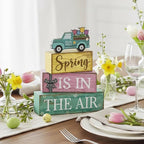 Moucuny 4 Pcs Spring Table Decor Wooden Blue Truck Decoration Flower Centerpiece Spring Tiered Tray Decor Decorative Colorful Flower Block Signs Gift Farmhouse Decoration for Home Kitchen