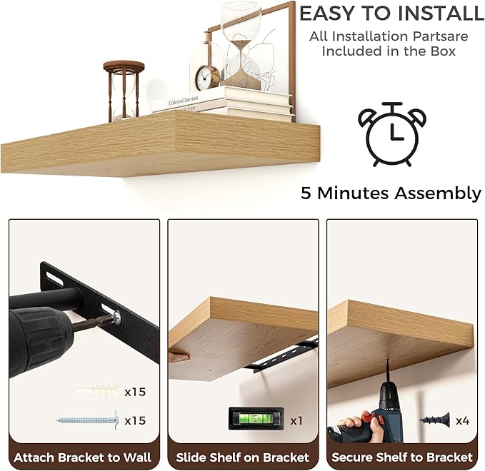 Venusmiles Floating Shelves for Wall, 72 Inch Wide x 12 Inch Deep Floating Shelves, Long Wood Floating Wall Shelf Shelves for Living Room Bathroom Bedroom Kitchen Home - (Oak, 72" W x 12" D x 2" H)