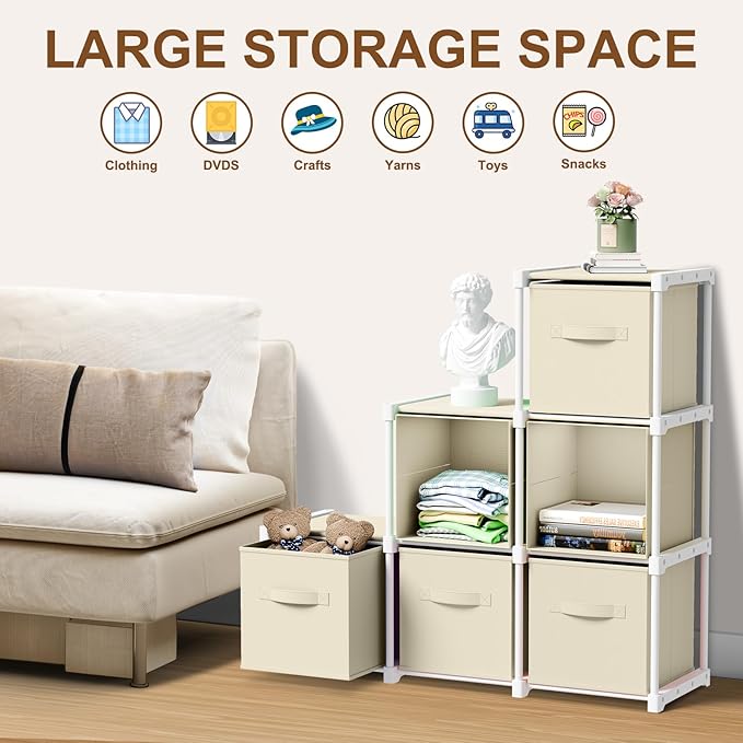 6 Cube Storage Organizer with Shelf Back to School Boxes 11 Inch Toy Storage Bins Closet Organizers Drawers Fabric Dresser for Playroom Books Bedroom Dorm Kitchen (Creamy White)