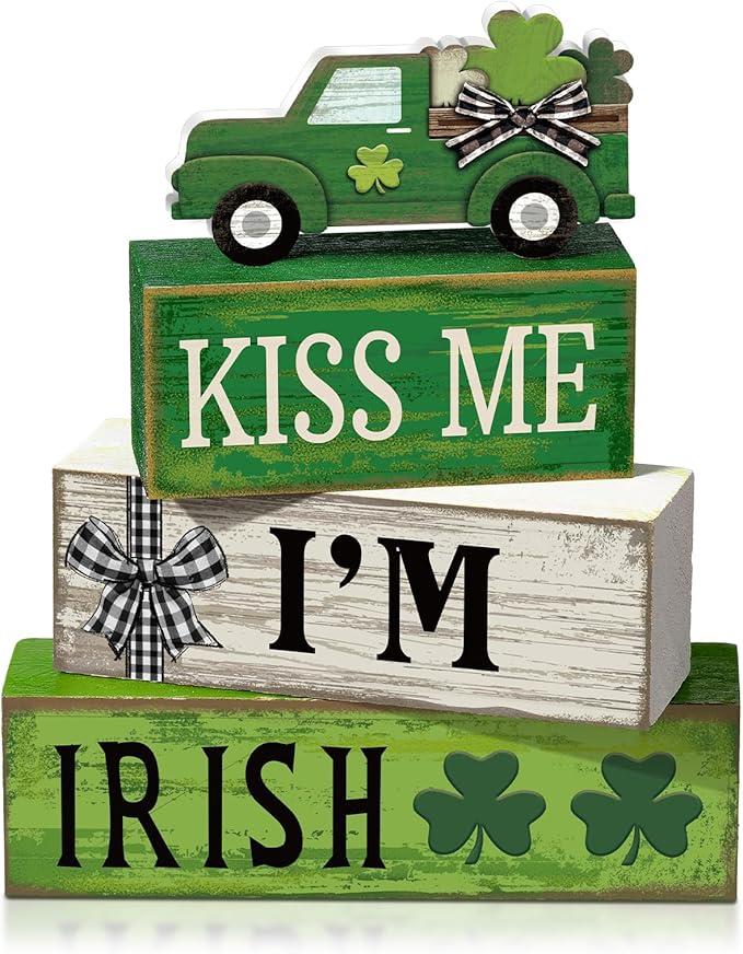 Yuntau 4 Pcs St Patricks Day Decorations Lucky Shamrock Wooden Sign Truck Table Centerpiece St Patricks Day Tiered Tray Decor Decorative Faux Book Stack Block for Fireplace Mantel Floating Shelf