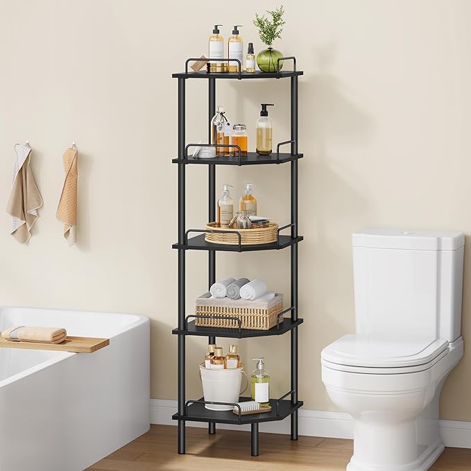 Tajsoon Corner Shelf Stand, 5 Tier Industrial Corner Shelves, Multipurpose Standing Display Shelf, Corner Shelving Unit for Bedroom, Living Room, Office, Kitchen, Black