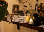 3 Pieces Wooden Decorative White Books, Rustic Farmhouse Faux Books for Coffee Table Shelves with Wood Bead Tassels and Leaves, 7'x 4.6'x 2.5' (Faith, Hope, Trust)