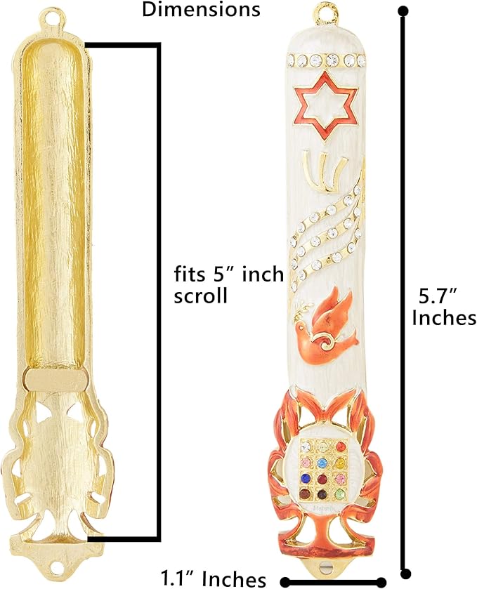 Matashi Hand Painted White Enamel Mezuzah Case Embellished with Star of David, Peace Dove, and Priestly Hoshen Breastplate with Crystals - Jewish Home Door Decor, Housewarming Judaica Gift
