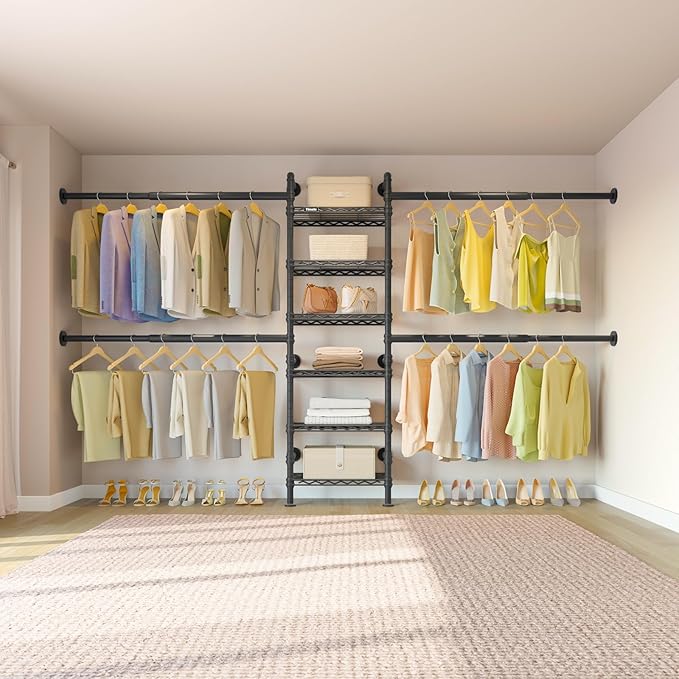 Timate S3X Medium Expandable Wall Mounted Clothes Rack with 6 Adjustable Shelves & 4 Expandable Hanger Rods, Heavy Duty Industrial Pipe Clothing Rack for Hanging Clothes, Fits Spaces 5'3"- 8', Black