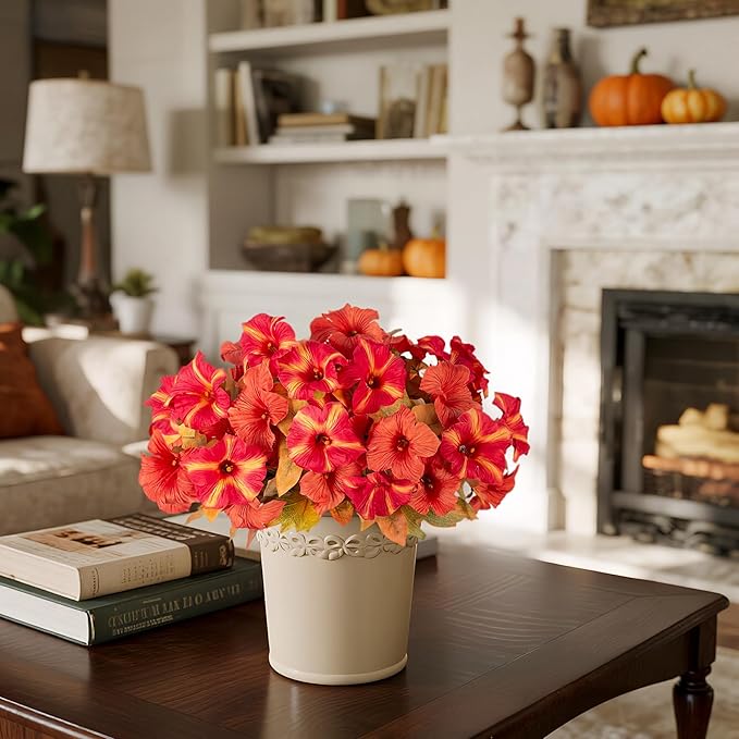 8 Bundles Fake Fall Flowers Artificial Plants for Outdoor Decorations, Faux Fall Petunias Flowers for Outside UV Resistant Realistic Planters for Garden Porch Patio Indoor Autumn Decor(Orange Red)