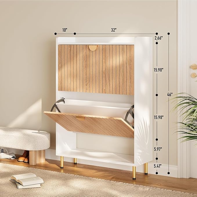 46'' Tall Shoe Storage Cabinet with 2 Flip Drawers, 7-Tier Hidden Shoe Organizer, Narrow Shoe Rack Cabinet, Freestanding Organizer for Entryway/Hallway/Closet, Wood