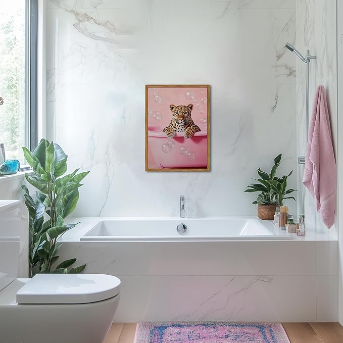 Funny Cheetah Bathroom Wall Art, Pink Leopard in Bathtub Wall Decor Paintings, Cute Animal Bathroom Poster Canvas Prints Maximalist Dopamine Girl Washroom Artwork 16x24 inch Framed