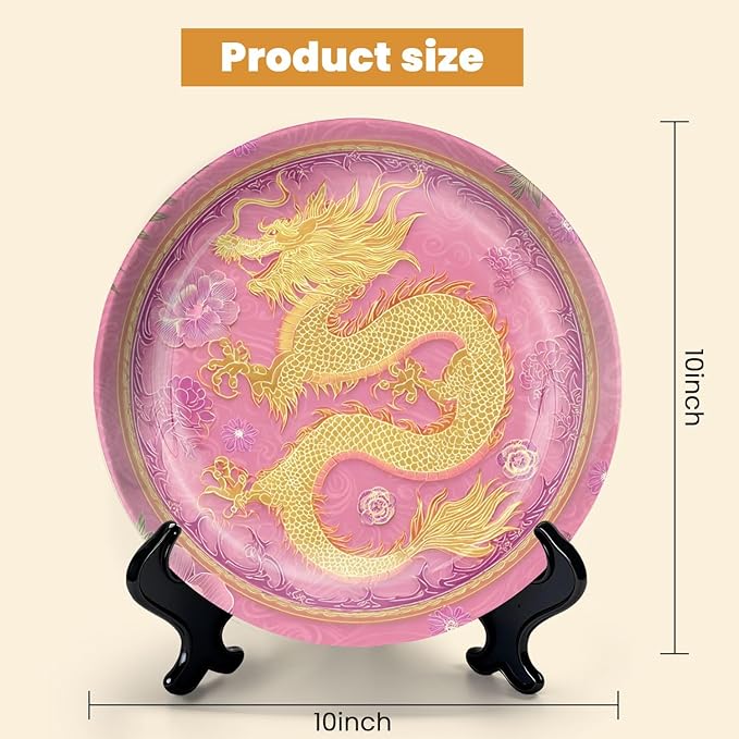 HABEN ARTWORK 10" Ceramic Plates for Display Golden Dragon Floral Patterns Pink Decorative Plate with Stand and Hook for Kitchen Dining Room Wall Hanging Decor