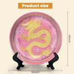 HABEN ARTWORK 10" Ceramic Plates for Display Golden Dragon Floral Patterns Pink Decorative Plate with Stand and Hook for Kitchen Dining Room Wall Hanging Decor