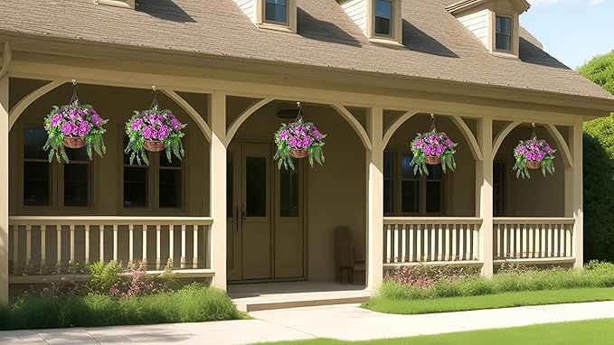 Artificial Flowers in Hanging Basket Planter for Home Spring Summer Decoration, Silk Hydrangea Outdoor Indoor Arrangements, 12" Metal Coconut Lining Basket with Faux Plant(Purple)