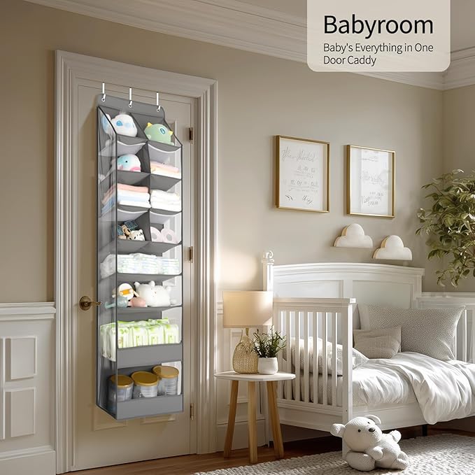 Yecaye 2 Pack 8 Tier Over the Door Organizer Hanging with Large Pockets, Back Door of Storage for Nursery, Closet and Bathroom, Partition Behind Door Shoe Organizers Shelf with Baby Clothes, Grey