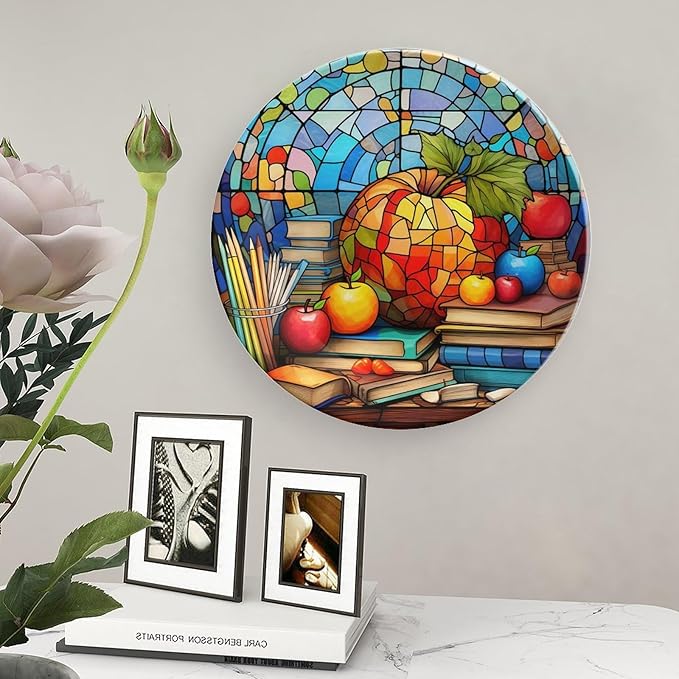 Decorative Plates for Home Decor, Back to School Stained Glass Painting Decor Tray for Table Display, Ceramic Dinner Plate W/ Stand, Living Dining Room Decor, Gifts for Teacher Or Student, 8 Inch