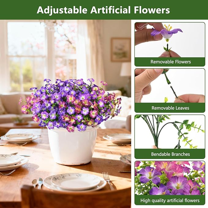 INQCMY Artificial Fake Flowers for Outdoor Spring Decoration,12 Bundles Faux Silk Colorful Morning Glory with Eucalyptus UV Resistant Realistic Fake Plants for Outside Planter Porch Patio Yard Garden