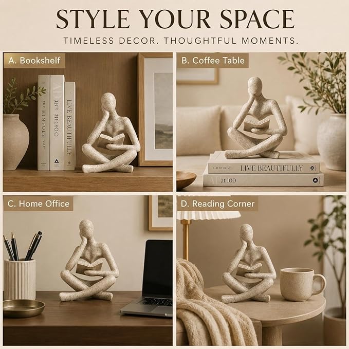 Bookshelf Decor Thinker Statue, Sand Abstract Reading Figurine Style A, Resin Decorative Bookend for Coffee Table, Shelf, Home Office, Library, Gift for Book Lovers