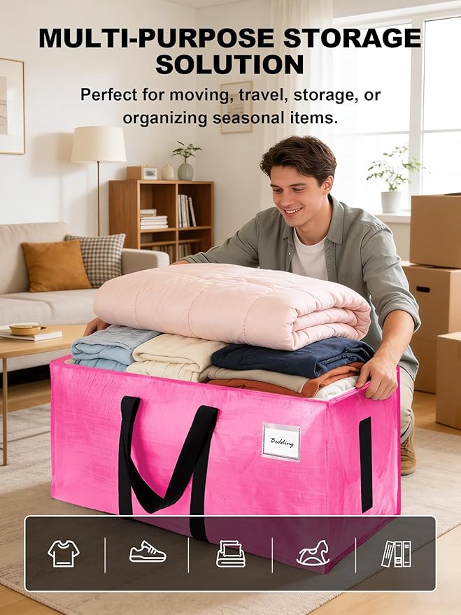4 Pack Large Strong Moving Bags with Zippers & Carrying Handles - Water-Resistant - Heavy Duty Storage Tote for Space Saving, Fold Flat, Alternative to Moving Box (Pink)