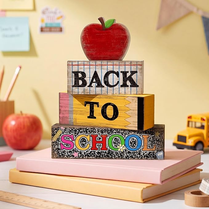 Lineshading 4 Pcs Back to School Table Decorations Retro Red Apples Decor Back to School Tiered Tray Decor Apple Centerpieces Rustic Wood Pencil Block Sign Farmhouse Gifts for Class Party Home Shelf