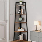 Soild Wood Corner Shelf, 5 Shelf Bookcase for Bathroom & Living Room, Tall Corner Bookshelf with Ladder Design, Space Saving Corner Bookcases (Brown)