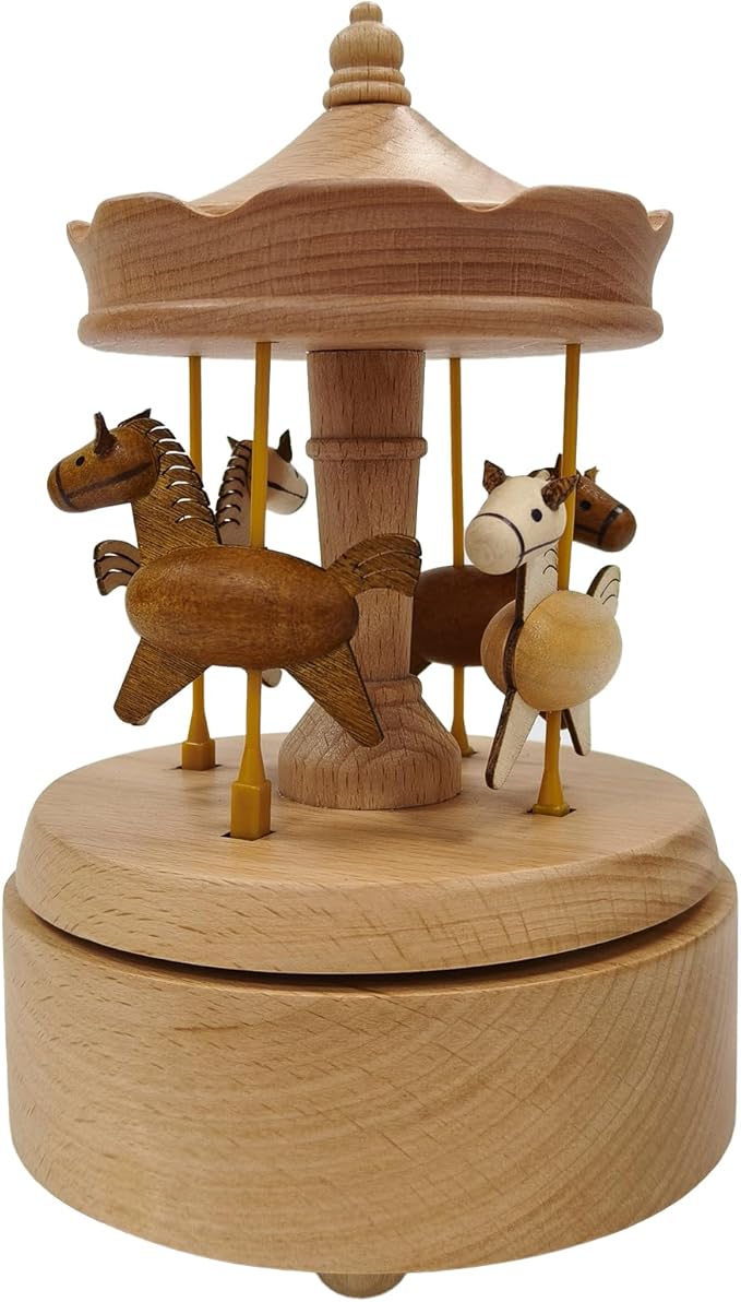 Briskfeel Wooden Carousel Music Box with Moving & Elevating Horses, Rotating Wind-Up Decor, Collectible Mechanical Musical Box, Timeless Gift