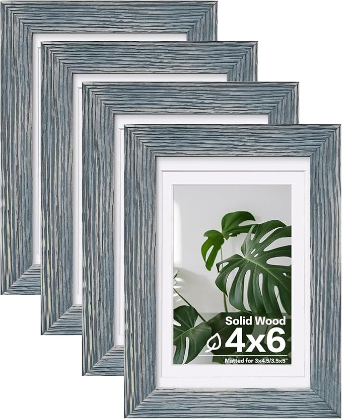 Egofine 4x6 Picture Frames Set of 4, Made of Solid Wood Covered by Plexiglass 3x4.5 and 3.5x5 with Mat or 4x6 without Mat, for Table Top Display and Wall Mounting Photo Frame, Rustic Blue