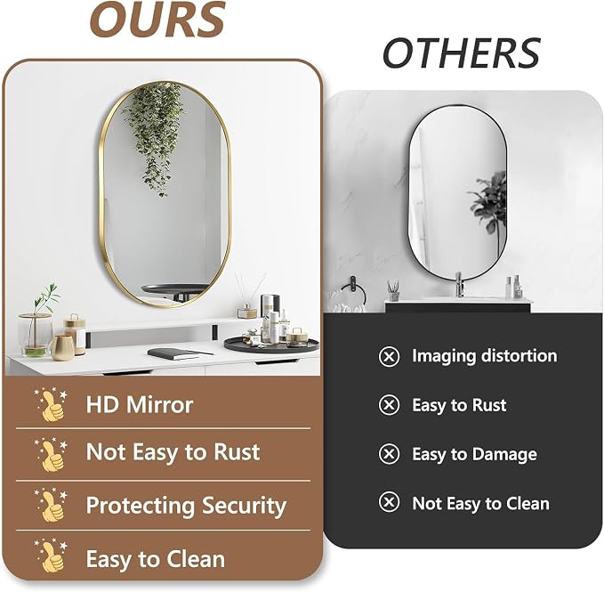 Gold Oval Mirror, 22"x30" Oval Bathroom Mirror, Vanity Mirror with Brushed Metal Frame, Wall Mount Mirrors Decor for Bathroom, Bedroom, Entryway, Living Room(Hangs Horizontally or Vertically)