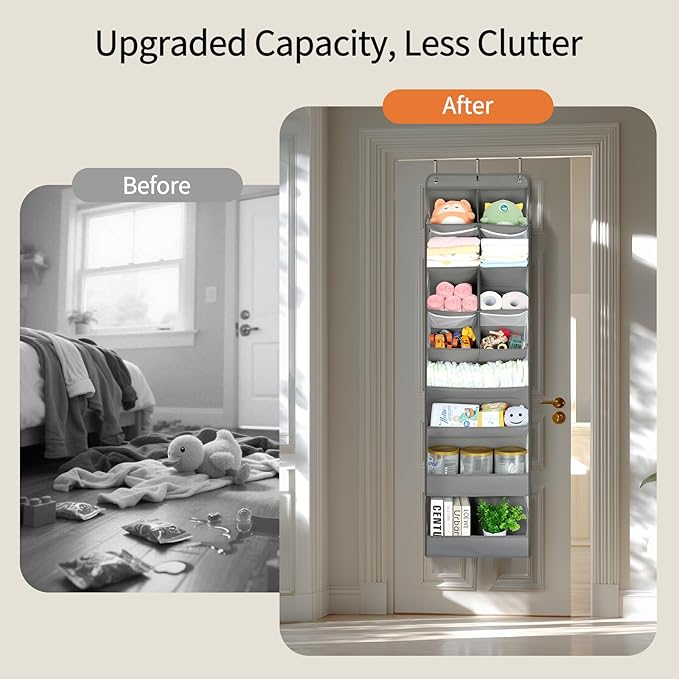 Yecaye Over the Door Shoe Organizer Hanging with Large Pockets, 8 Tier Back of Door Storage for Nursery, Closet and Bathroom, Partition Behind Door Organizers Shelf with Baby Clothes (1 Pack, Grey)