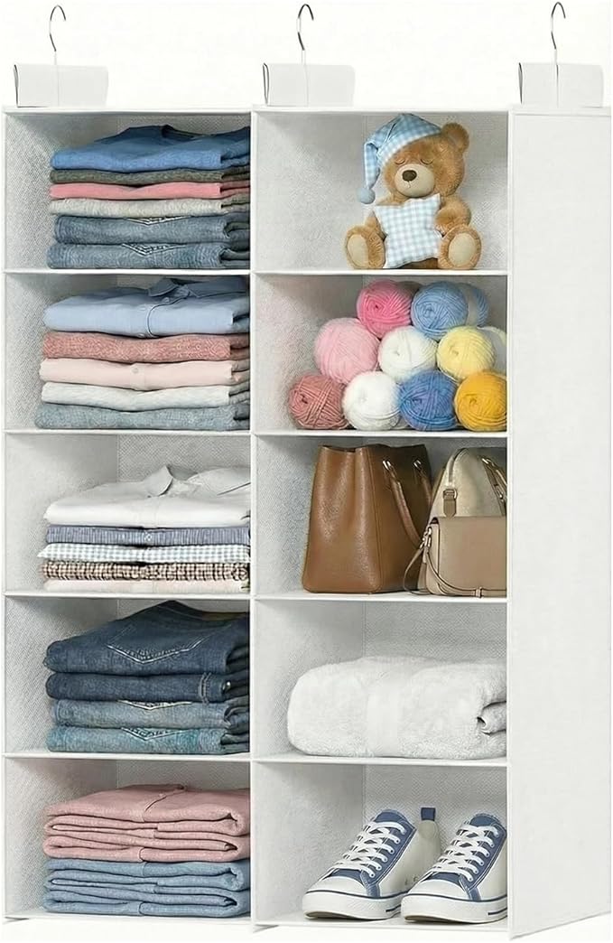 White 5-Tier Hanging Closet Storage Organizer - Space-Saving Dual-Row Foldable Shelves with 3 Hooks, Wardrobe Organizer for Dorm, Bedroom, Clothes and Accessories