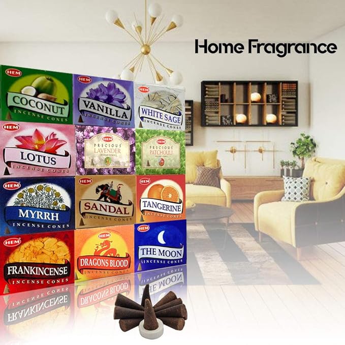 Hem 12 Assorted Boxes of Incense Cones, (120 Total)| Natural Fragrance for Aromatic Rooms | Odor Remover Incense for Stress Relief & Relaxation (Assorted 3)