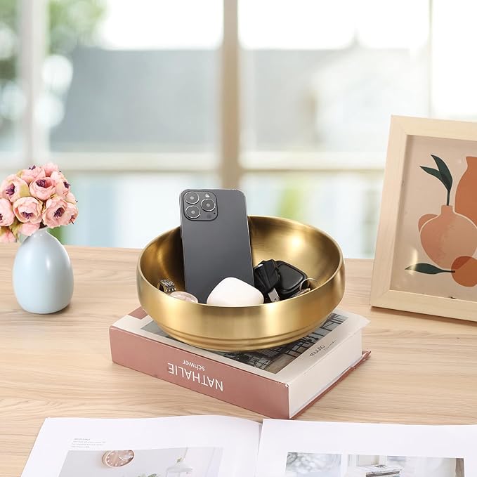 8.3" Golden Key Bowl for Entryway Decorative Key Holder Round Fruit Dish Stainless Steel Catch All Bowl for Coffee Table Kitchen Counter Home Decor