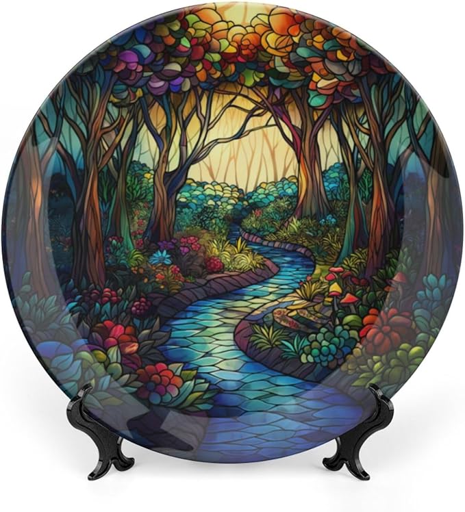 Stained Glass Theme Decorative Ceramic Plate Round Porcelain Plate,10 inch,Sunrise Forest Stream Pattern,for Decorative Ornaments Giving Plates, 1 Plate with 1 Display Stand,Multicolor