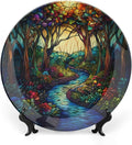 Stained Glass Theme Decorative Ceramic Plate Round Porcelain Plate,6 inch,Sunrise Forest Stream Pattern,for Decorative Ornaments Giving Plates, 1 Plate with 1 Display Stand,Multicolor