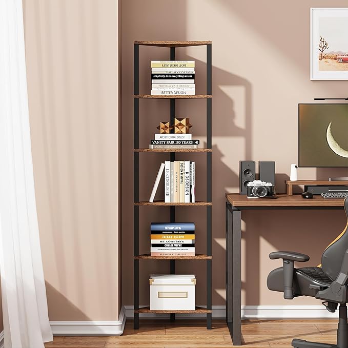 TUTOTAK Corner Shelf, 6-Tier Corner Bookshelf for Small Space, Narrow Display Corner Shelf Stand with Storage Rack, for Living Room, Bedroom, Rustic Brown BS05BB006