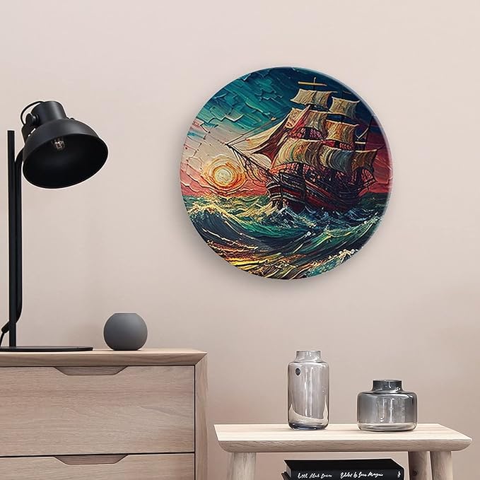 Decorative Plates, Ocean Sailing Ship at Sunset Painting Display Plate for Home Office Kitchen Table Decor Porcelain Plates 10 Inch, Birthday Gifts