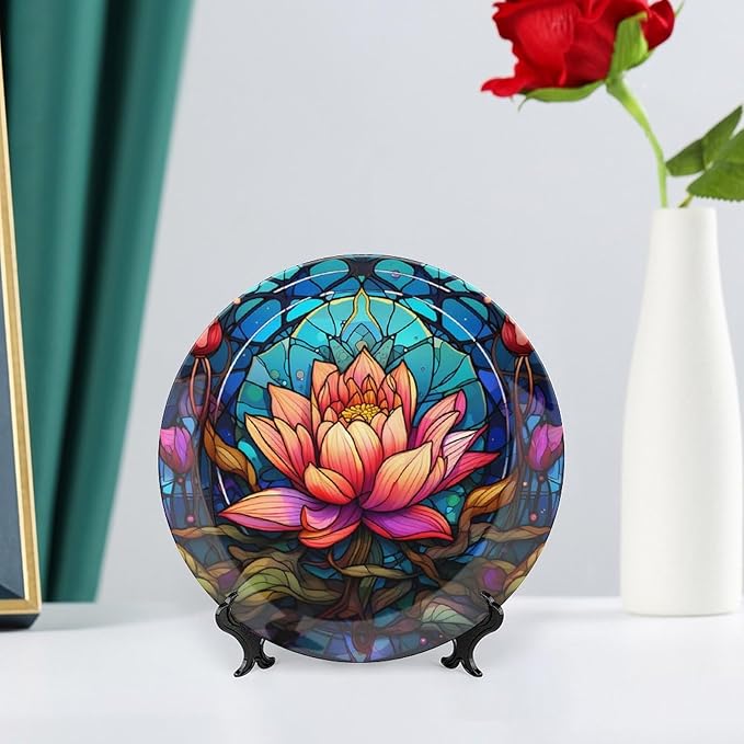 Stained Glass Design Gothic Mandala Lotus Decorative Plates Home Decor Ceramic Plates, Dinner Plates Display for Living Room, Kitchen, Hallway Console Side Table, Presents for Lotus Lover, 7 Inch