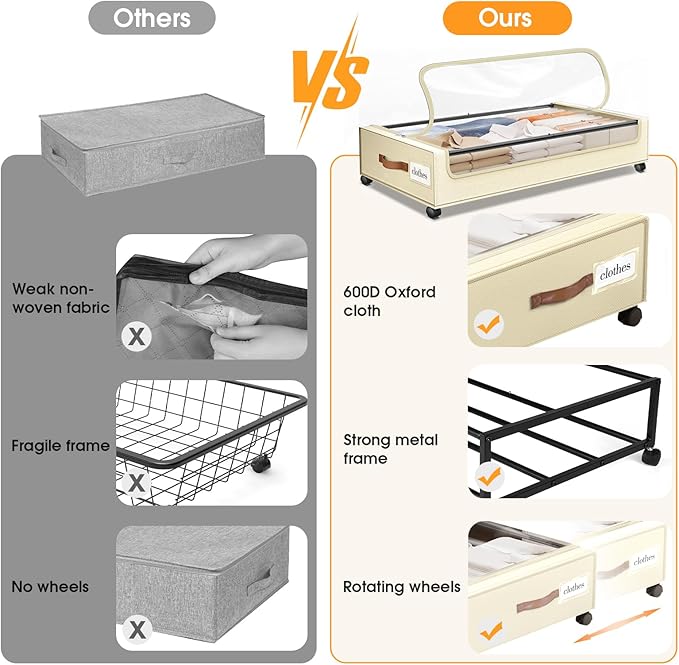 Under Bed Storage with Wheels 3Pack Underbed Storage with Clear Window&Label Under Bed Drawers Large Capacity Rolling Under Bed Storage for Clothes,Shoes, Blankets (Beige)