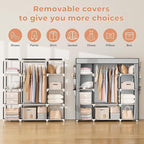 VTRIN Portable Closet Wardrobe for Hanging Clothes 57.3 Inch Large Capacity Clothes Rack with Cover, 10 Storage Organizer Shelves, 1 Hanging Rods and 6 Pockets, Free Standing Closet for Bedroom, Grey