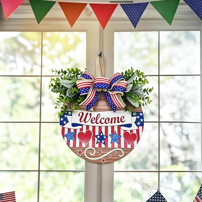 12" Patriotic Wreath Wooden Welcome Sign for Front Door, 4th of July & Memorial Day Decorations, USA 250th Anniversary Decor with Red Blue Stars Bow & Artificial Flowers for Outdoor Porch Patio Fence