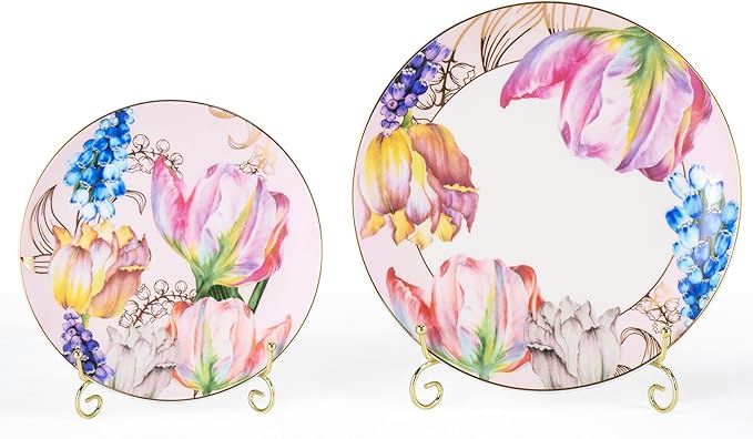 KAMMAK Ceramic Decorative Plate Set of 2, Porcelain Plates for Kitchen Dining Room Wine Cabinet Home Decor, Vintage Collector Plates with 2 Display Stand, Tulip (8-inch + 10.5-inch)