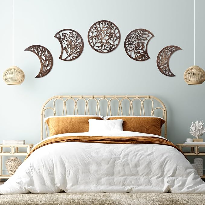 Jetec 5 Pcs Moon Phase Wall Art Decor Wall Pediments Hanging Wooden Phase Spiritual Bedroom Nordic Boho Lunar Aesthetic Art for Living Room Dorm Apartment Ornament(Dark Brown,15.75 Inch,Botanical)
