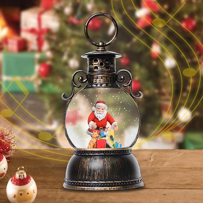 Christmas Snow Globes Lantern, Christmas Table Decorations with 8 Songs, 6H Timer, Battery & USB Powered Glitter Christmas Music Box Home Decor