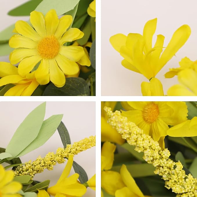 24 Inch Yellow Daisy Wreath, Artificial Spring Summer Wreath with Eucalyptus Leaves, Yellow Forsythia Flowers Front Door Wreath for Indoor Outdoor Home Farmhouse Wall Window Porch Decor