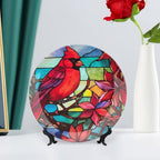 Decorative Plates, Cardinal Bird Stained Glass Design Ceramic Dinner Plate Home Wobble-Plate with Display Stand, Wall Hanging Decor for Dining Room Kitchen Household 8 Inch, Gifts for Loss of Loved